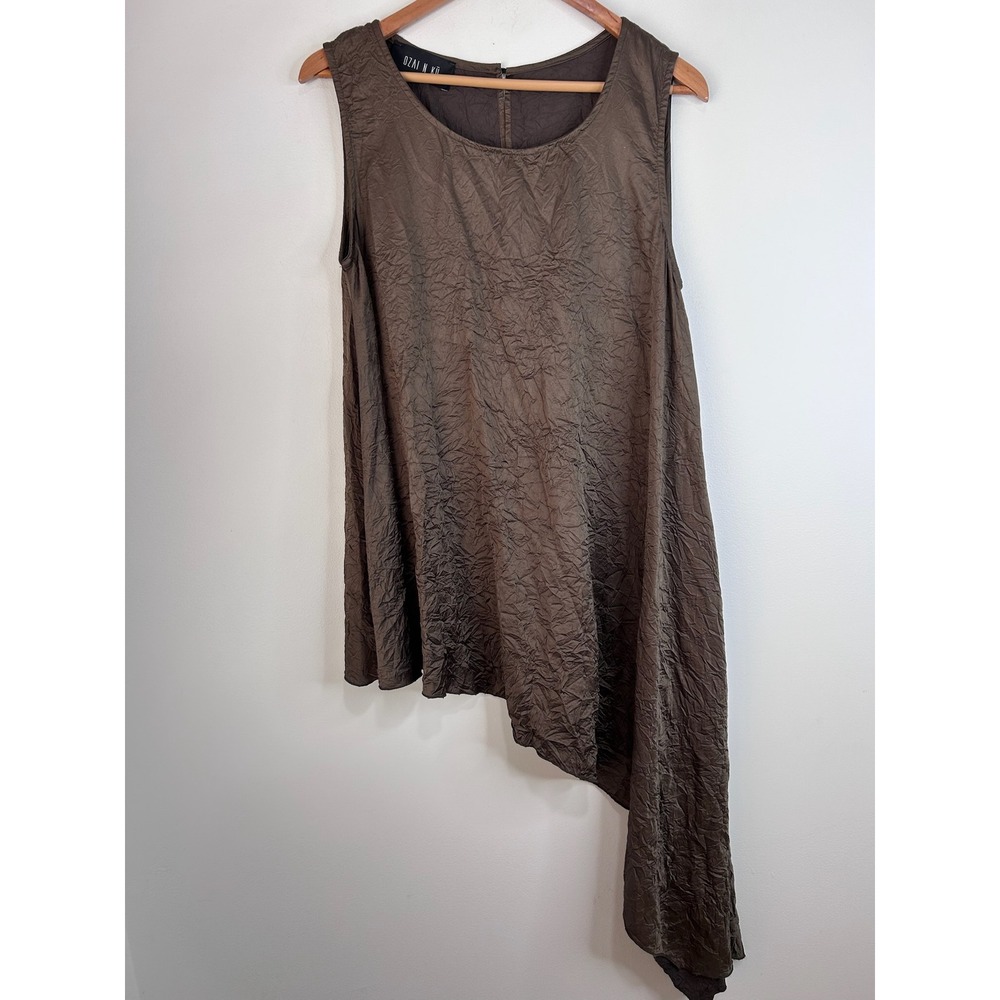 Ozai N Ku Bronze Brown Crinkle‎ Asymmetrical Sleeveless Tunic Top Sz S Lagenlook